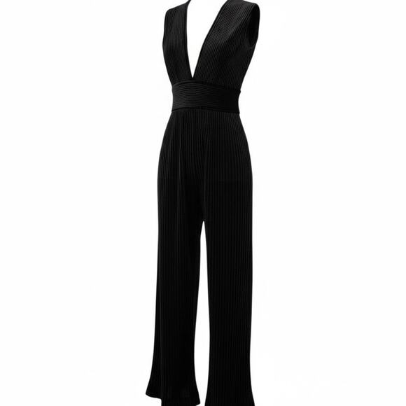 Balmain Black Pleated Velvet Sleeveless Jumpsuit size FR 38 Plunging V Wide-leg - Picture 12 of 16